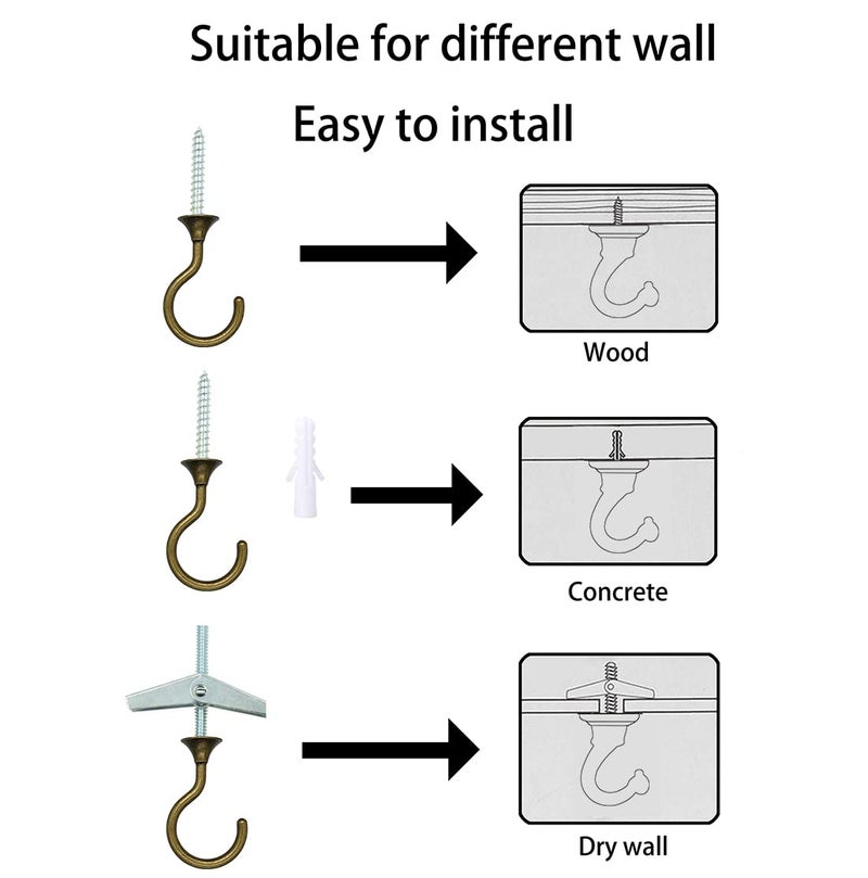 Evsteluo 2 Sets Large Swag Ceiling Hooks Heavy Duty Swag Hook with Hardware for Hanging Plants Ceiling Installation Cavity Wall Fixing (2 Sets  Antique Brass) - Image 3